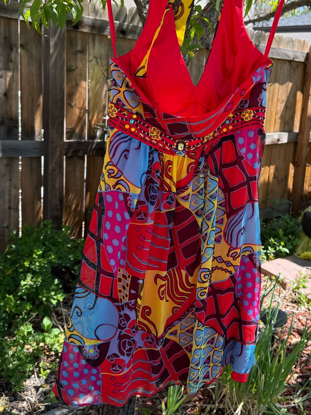 Sue Wong vintage VTG 100% silk flowy halter top Y2K beaded dress bright colors - Picture 5 of 15